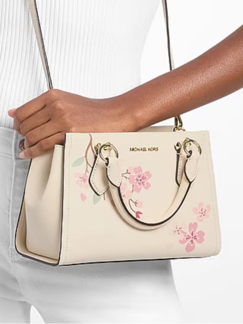 Michael Kors White Floral Leather Satchel Crossbody with Pink Accents - Picture 6 of 7